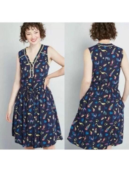 ModCloth Dresses & Skirts - ModCloth Dress Novelty Navy Blue Cafe Au Soleil Tropical Birds Sleeveless Medium